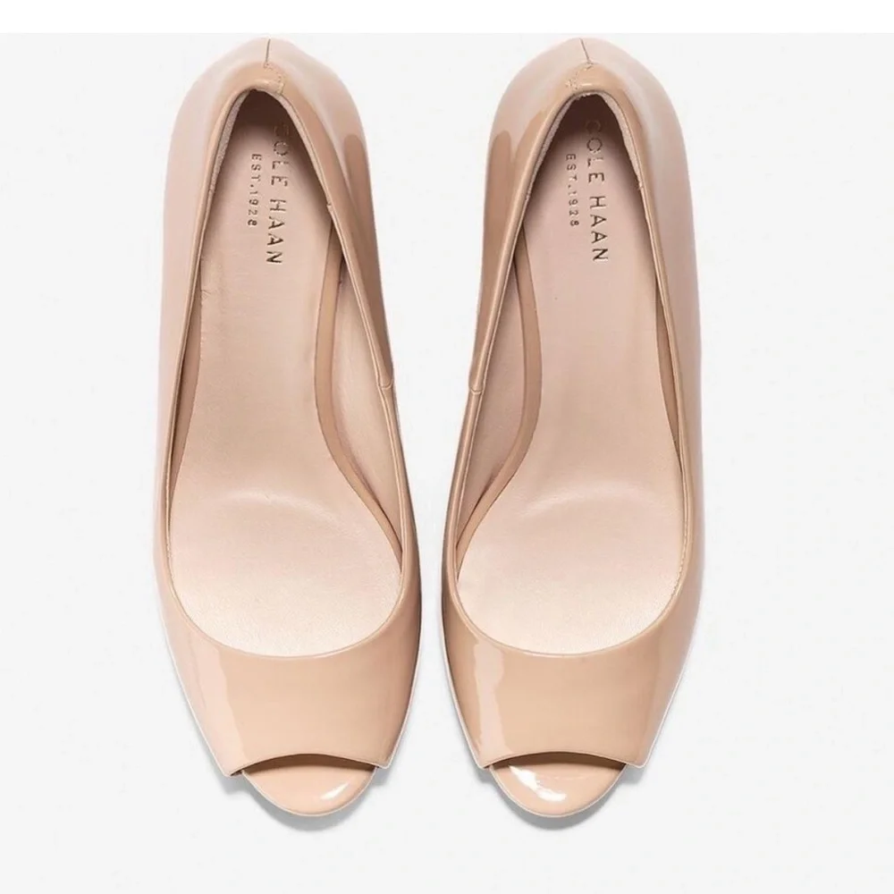 “COLE HAAN” Sadie Patent Leather Peep-Toe Wedges